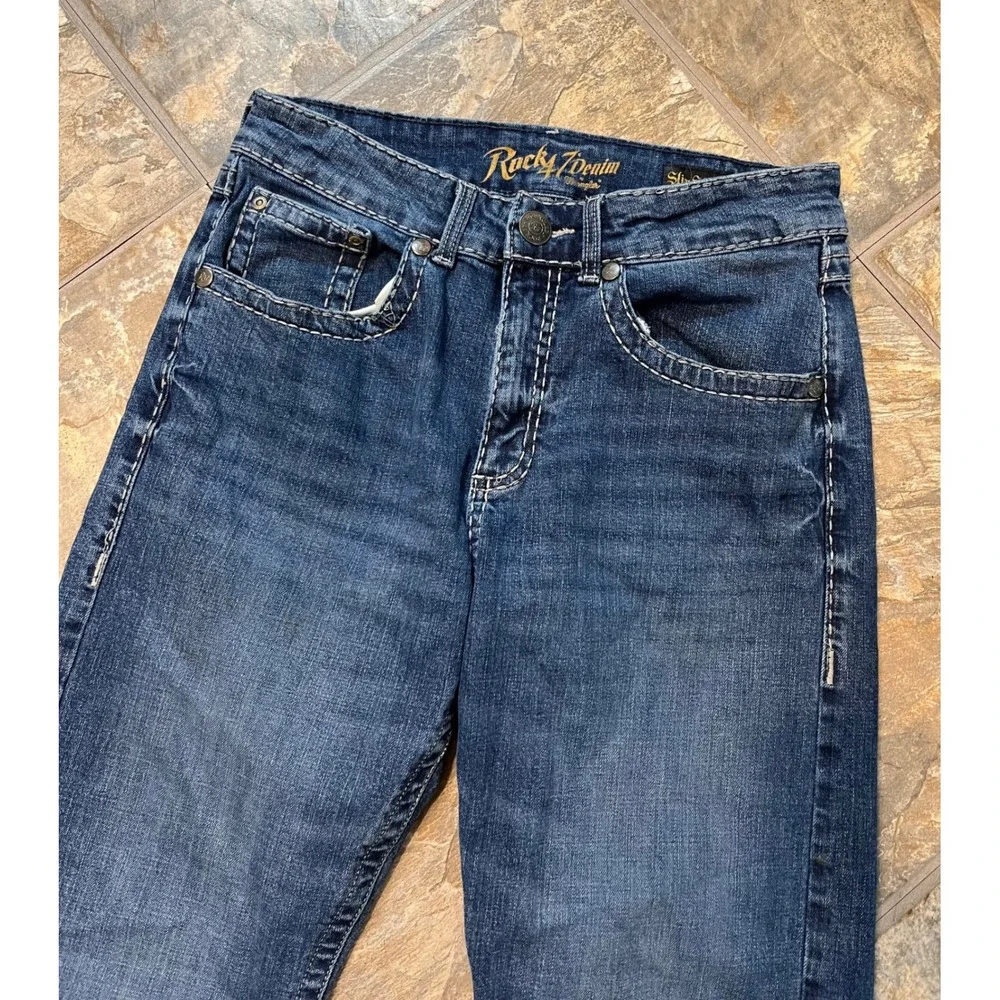 Wrangler Rock 47 Jeans Mens 31x36 Blue Slim Straight Contrast Stitch